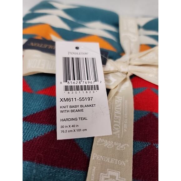 Pendleton Knit Baby Blanket 30 x 40 with Beanie Set Harding Teal Pattern NWT - Picture 6 of 6